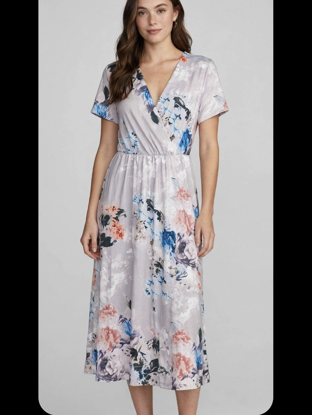 Floral Wrap Midi Dress in Light Lavender